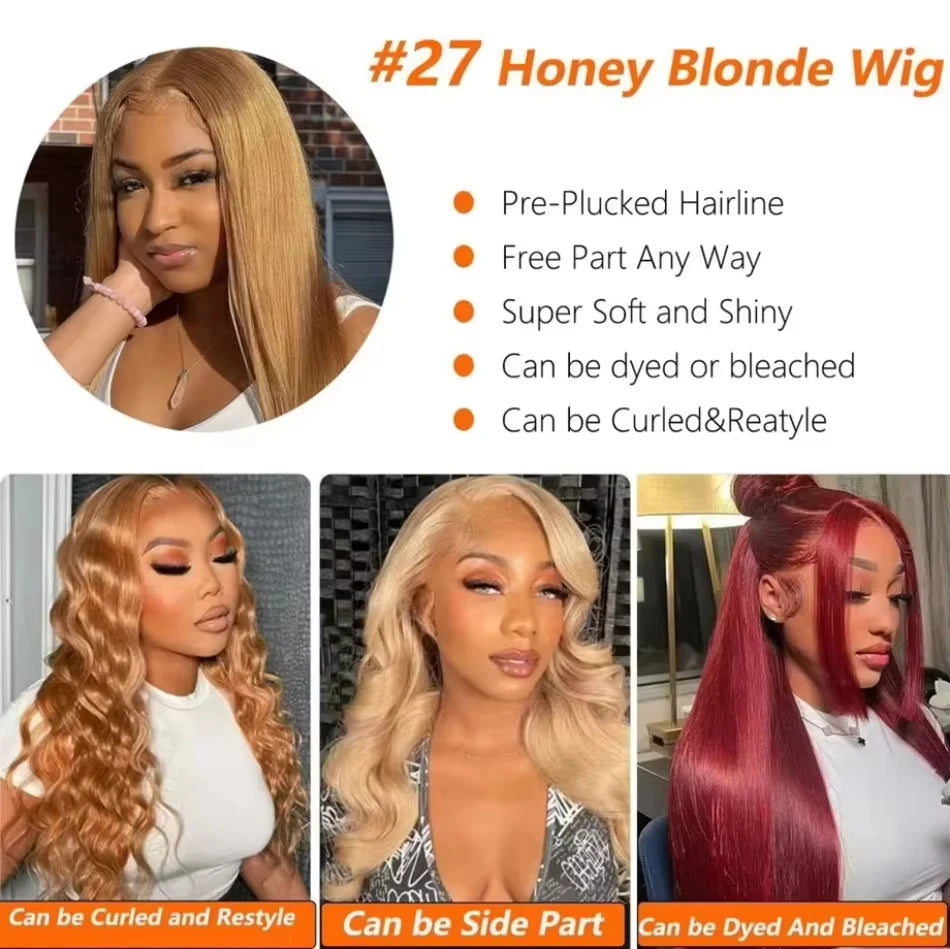 27 Honey Blonde HD Lace Frontal Wig – 13x4 / 13x6 • 30 Inch Straight Brazilian Human Hair • Pre‑Plucked • Luxury Wig