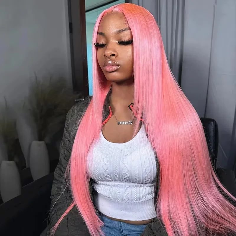 13x4 / 13x6 HD Lace Frontal Wigs – 200% Density Pink Straight Human Hair Wigs • 32 Inch Pre‑Plucked Brazilian Transparent Lace Front Wig